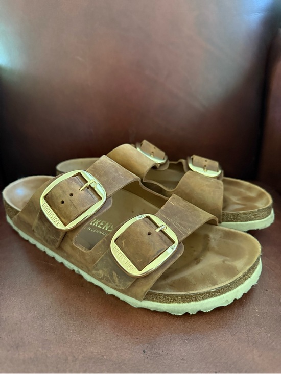 Birkenstock Shoes - Birkenstock Big BuckleArizona TwoStrap Sandals in Chestnut Brown w/ Gold Buckles